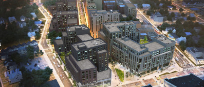 A rendering of the eight buildings in the Far Rockaway, Queens development project dubbed the Rockaway Village Apartments.